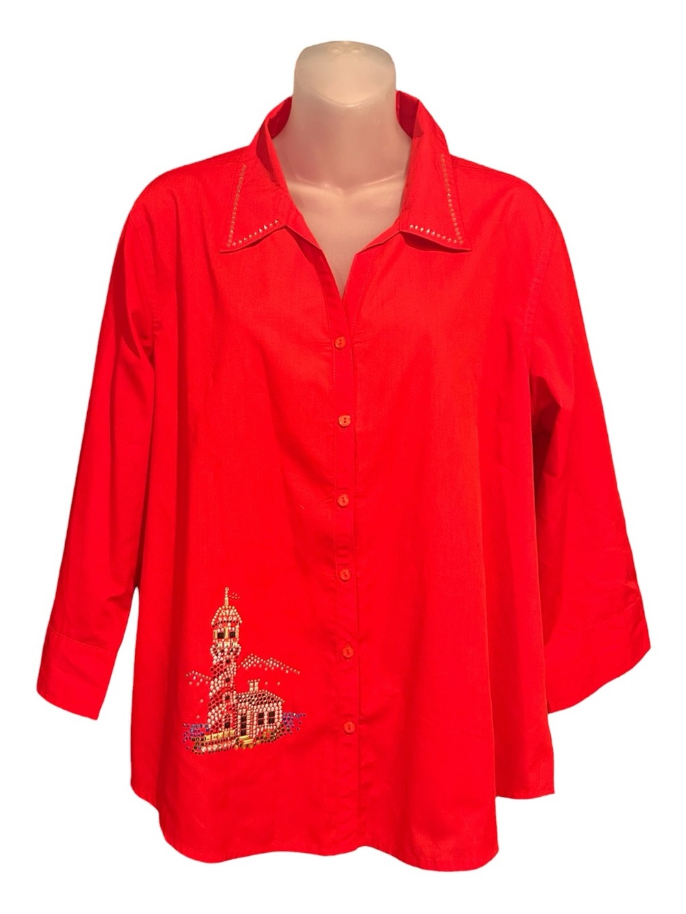 Vintage Red Lighthouse Embellished Collar Button-Front Women's Shirt Size L